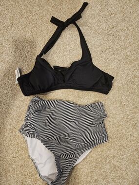 Cupshe Black Halter Bikini Top with Black & White Striped High-Waist Bottoms